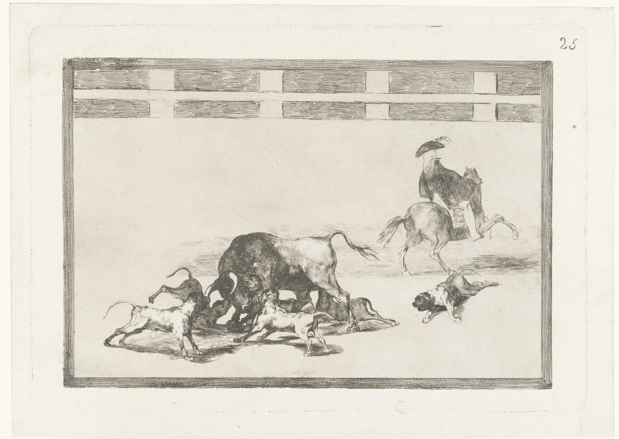 Kutyák támadták meg a bikát Echan perros al toro La Tauromaquia (sorozat címe) Bikaviadal (sorozat címe) alkotó: Francisco de Goya