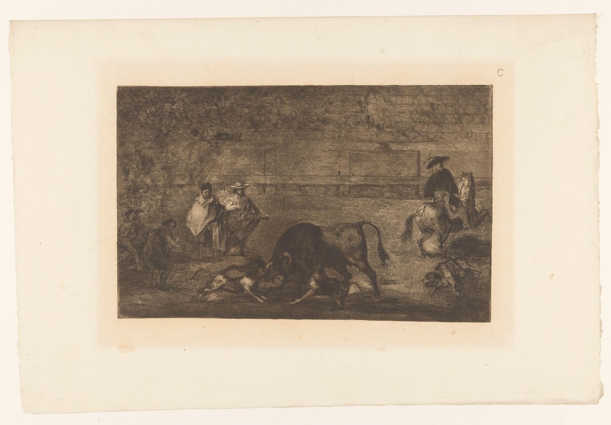 Kutyák támadták meg a bikát Les chiens lâchés sur le taureau Bikaviadalok (sorozat címe) La Taureaumachie (sorozat címe) La Tauromaquia (sorozat címe) alkotó: Francisco de Goya