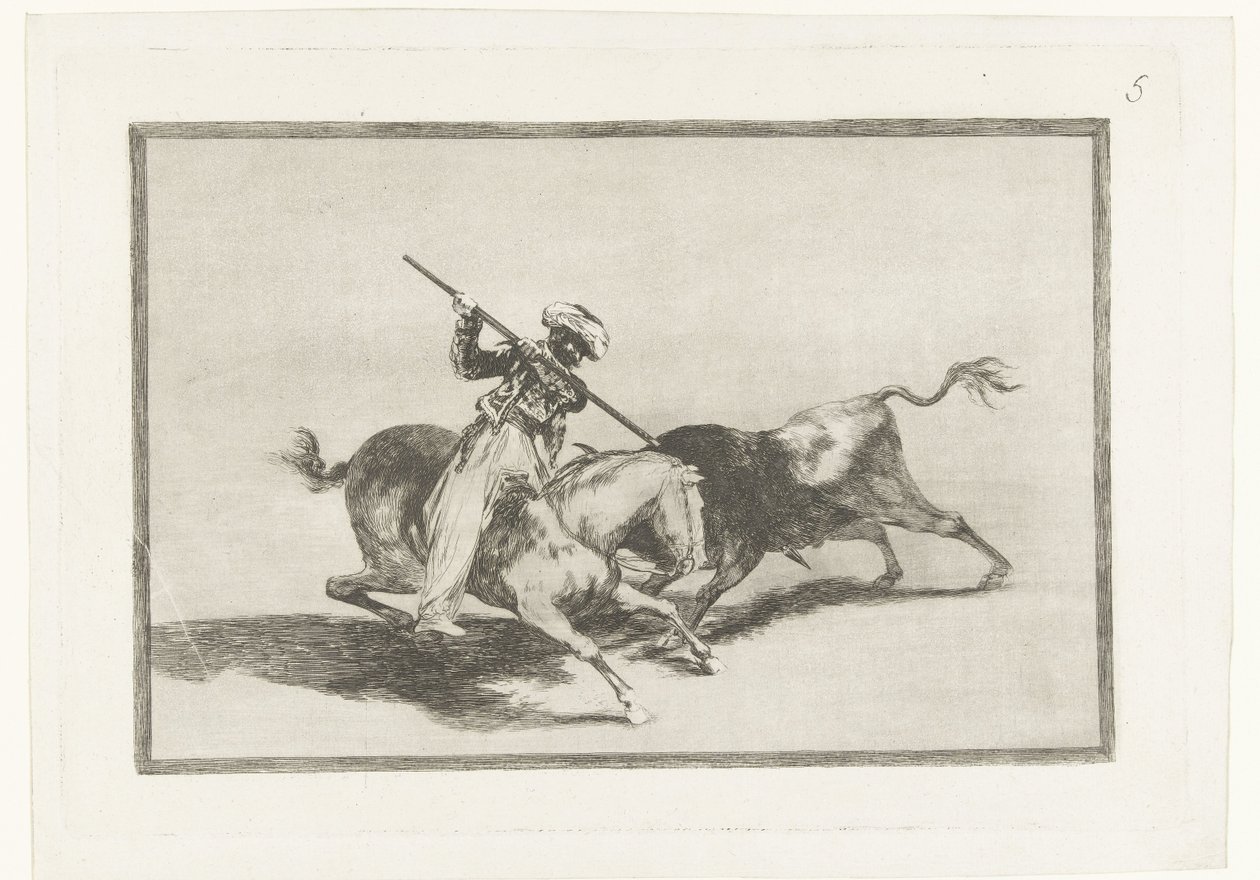 Stierenjacht te paard A lelkes Moro Gazul az első, aki rendre lándzsázza a bikákat Bikaviadal (sorozat címe) Stierenvechten (sorozat címe) alkotó: Francisco de Goya