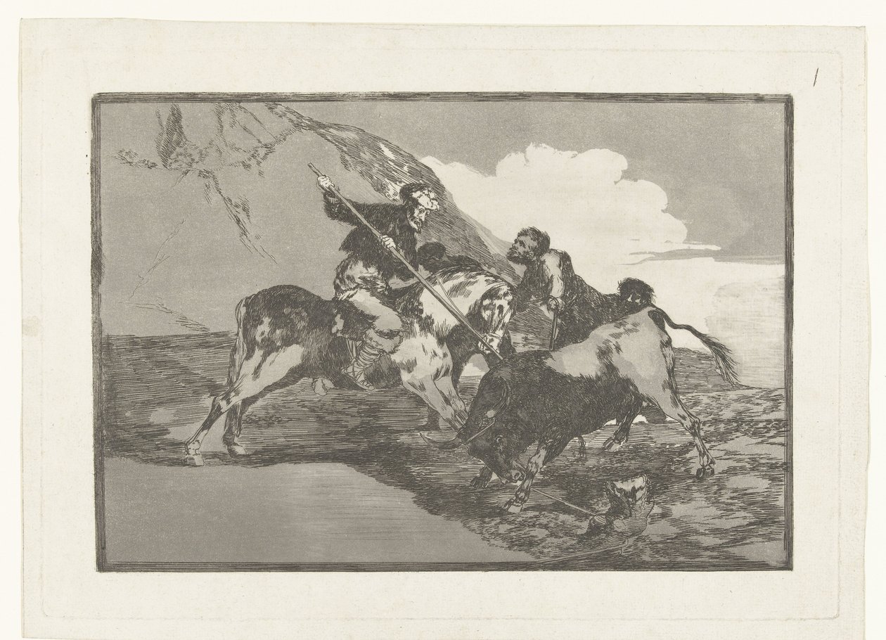 Stierenjacht te paard Hogyan vadásztak az ókori spanyolok a bikákra lóháton a mezőn Stierenvechten (sorozat címe) Bikaviadal (sorozat címe) alkotó: Francisco de Goya