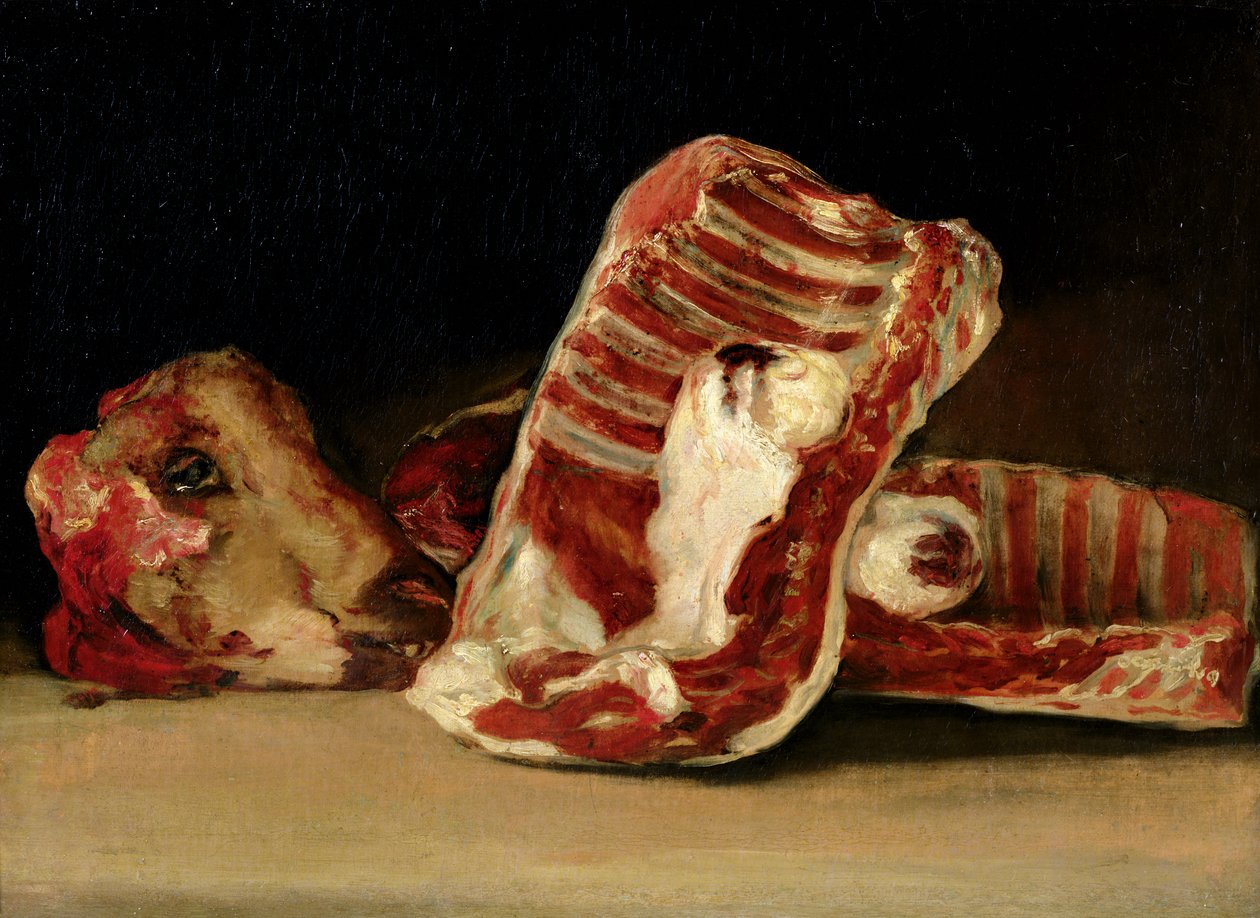 A báránybordák és a fej csendélete – A hentes pultja alkotó: Francisco de Goya