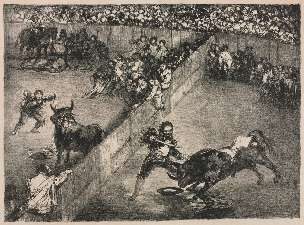 A bordeaux-i bikák: Bikaviadal megosztott gyűrűben, 1825. alkotó: Francisco de Goya