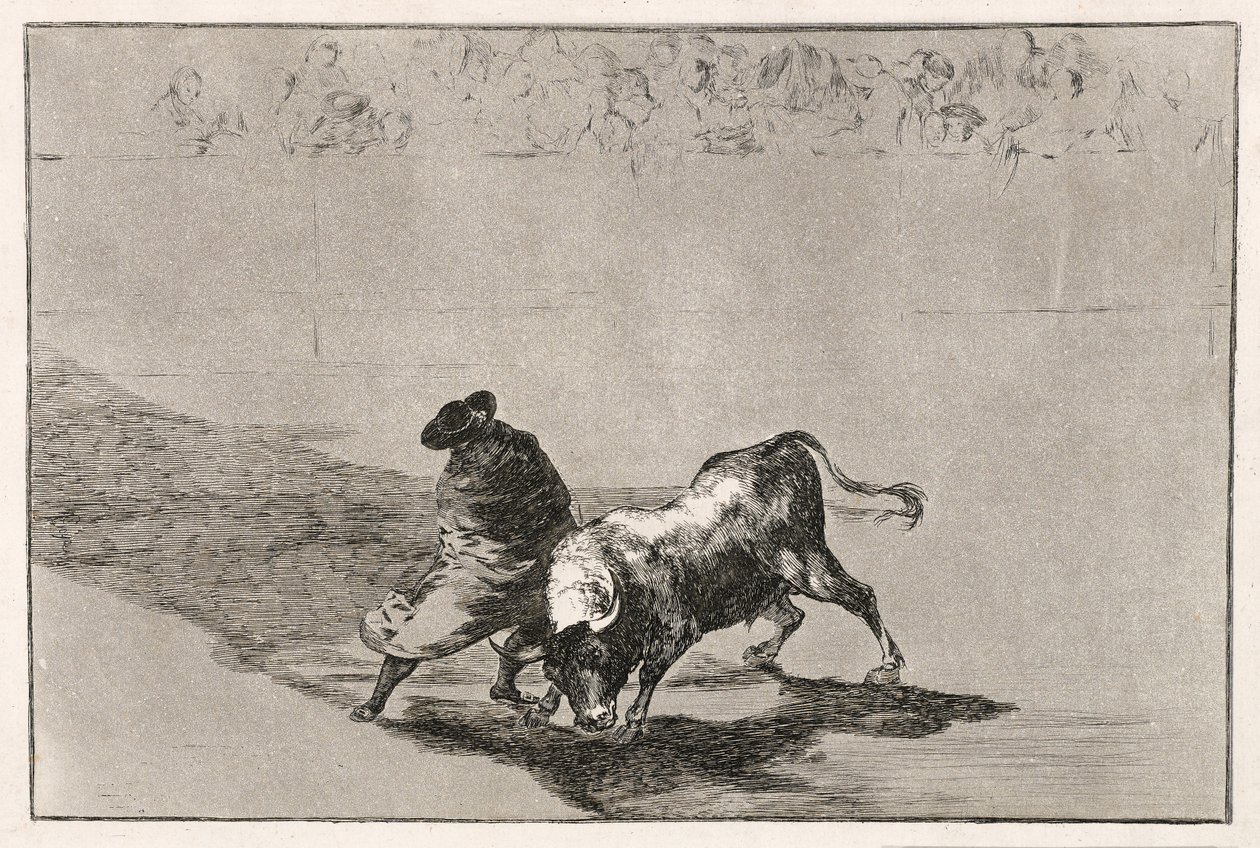 A hamisság okos tanulója feldühíti a bikát azzal, hogy köpenyébe burkolózva mozog, 1814-16 alkotó: Francisco de Goya