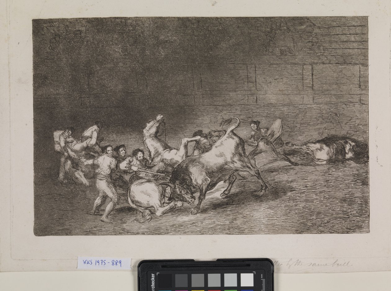 Két picador csapatot egyenként megdönt egyetlen bika alkotó: Francisco de Goya