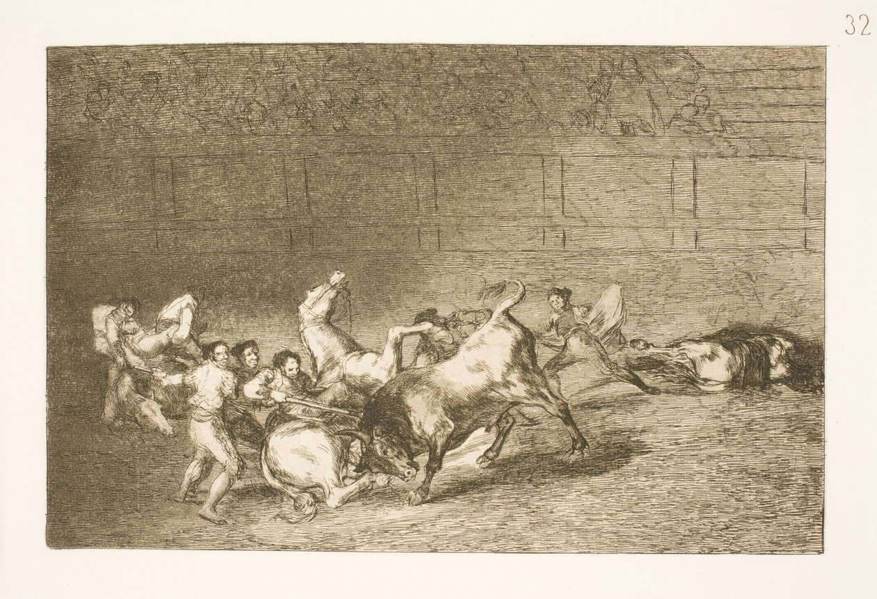 Két picador csapatot egyenként megdönt egyetlen bika alkotó: Francisco de Goya