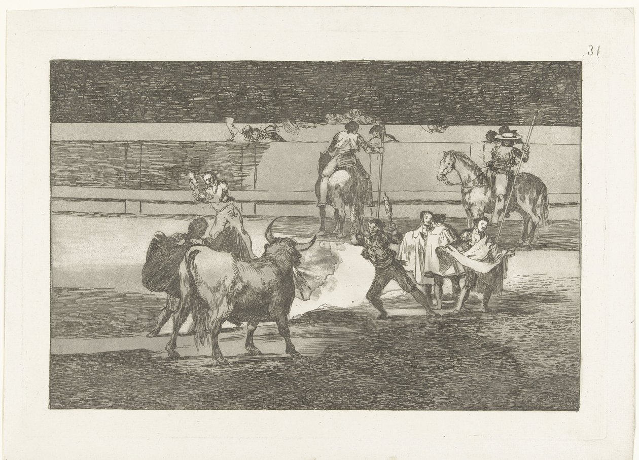 Bullfighter találkozott brandende banderillas tűzsávok Bikaviadal (sorozat címe) Stierenvechten (sorozat címe) alkotó: Francisco de Goya