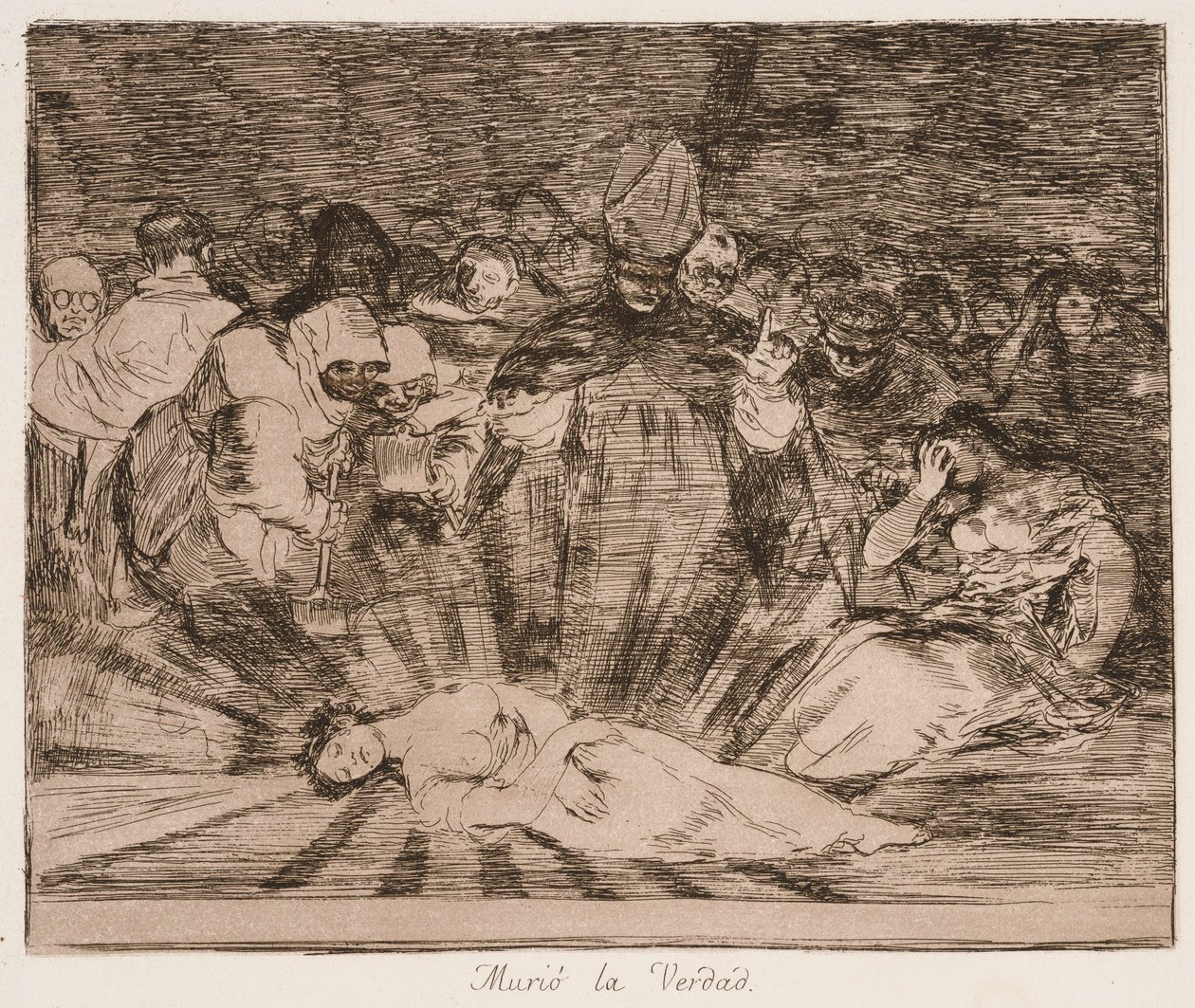 „Truth has Died” (Meghalt az igazság) a „Los desastres de la guerra” című sorozatból alkotó: Francisco de Goya