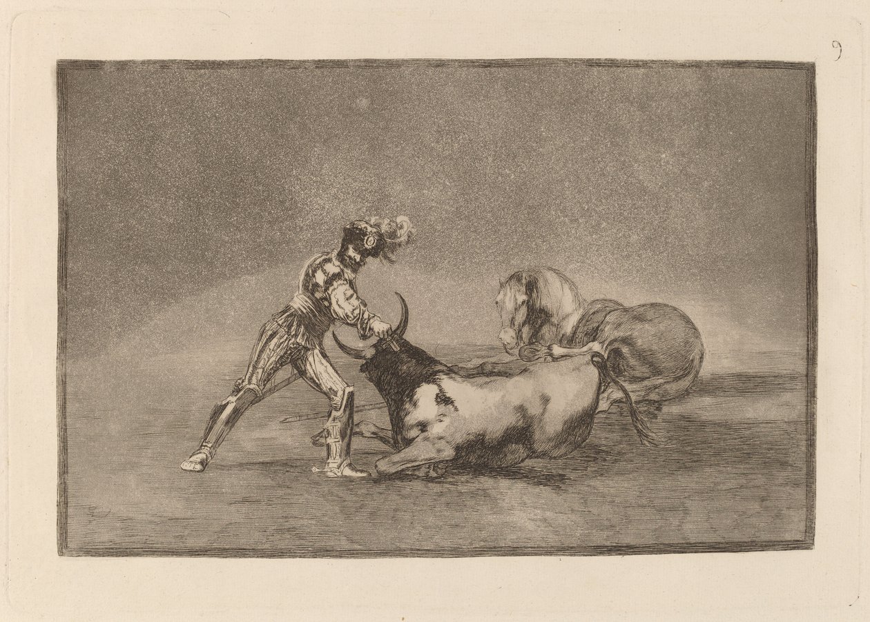 Egy spanyol lovag megöli a bikát, miután elvesztette a lovát alkotó: Francisco de Goya