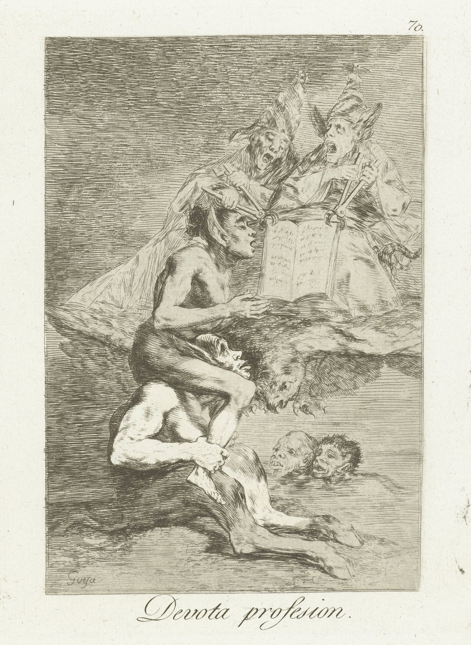 jámbor gyónás Devota Profesion (cím az objektumon) Los Caprichos (sorozat címe) alkotó: Francisco de Goya