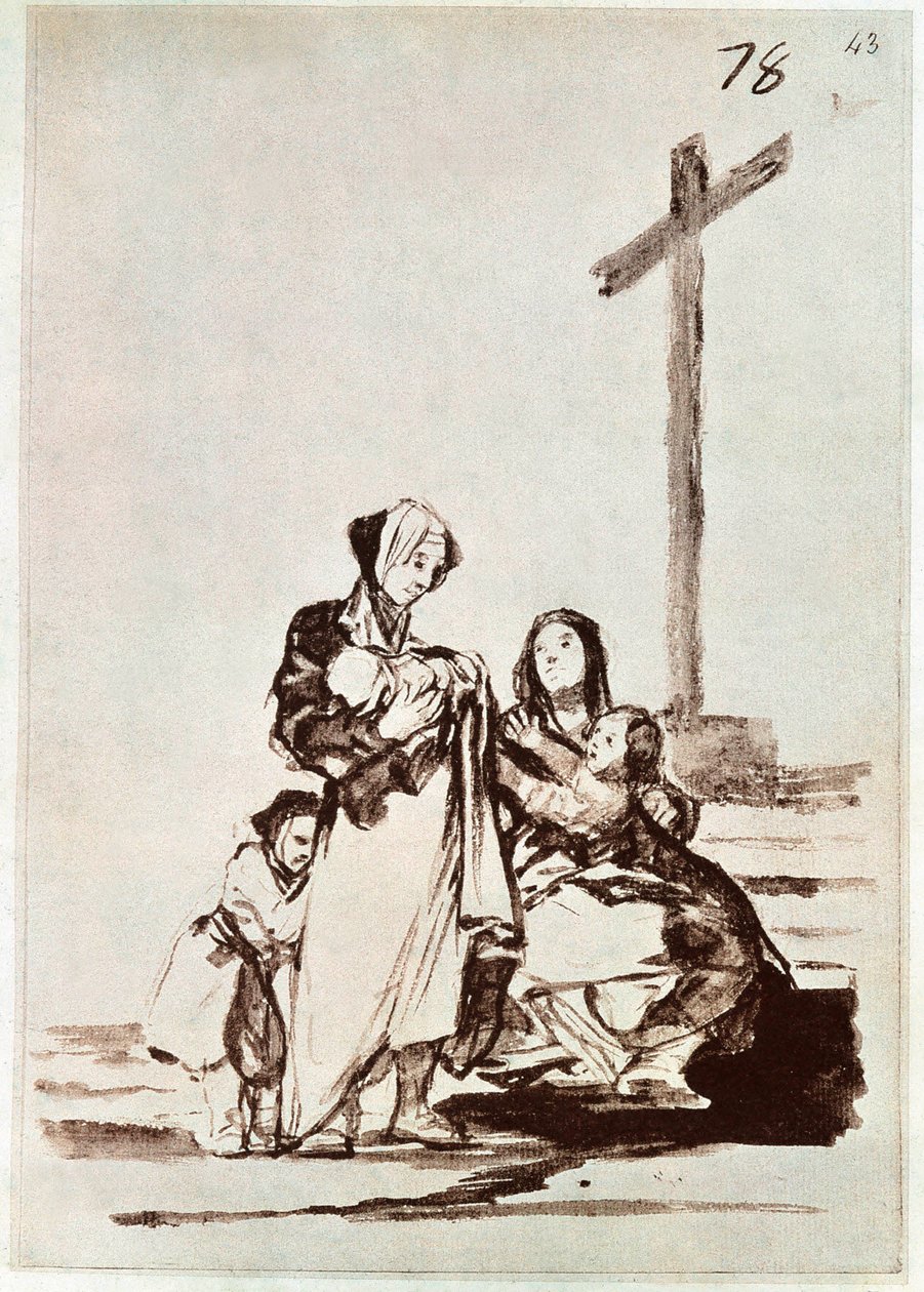 Nők és gyerekek kereszt közelében (metszet) alkotó: Francisco de Goya