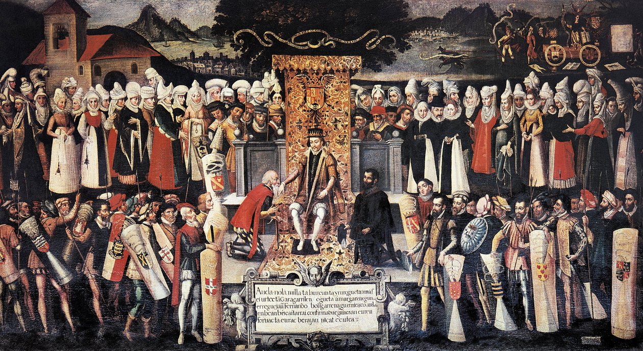 Kézcsók (kézcsók) szertartása Ferdinánd katolikus király (1452-1516) kiváltságnyilatkozatát követően. Francisco de mendieta Y Retes festménye (XVI. század). Spanyolország, Guernica. Juntas háza. alkotó: Francisco de Mendieta y Retes