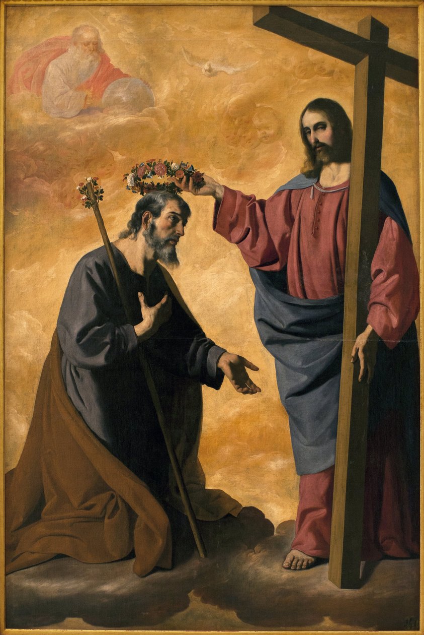 Krisztus kukorékol Szent Józsefet. Francisco de Zurbaran (1598-1664) festménye, olaj, vászon, 1640 körül. Sevilllei Szépművészeti Múzeum, Spanyolország. alkotó: Francisco de Zurbaran