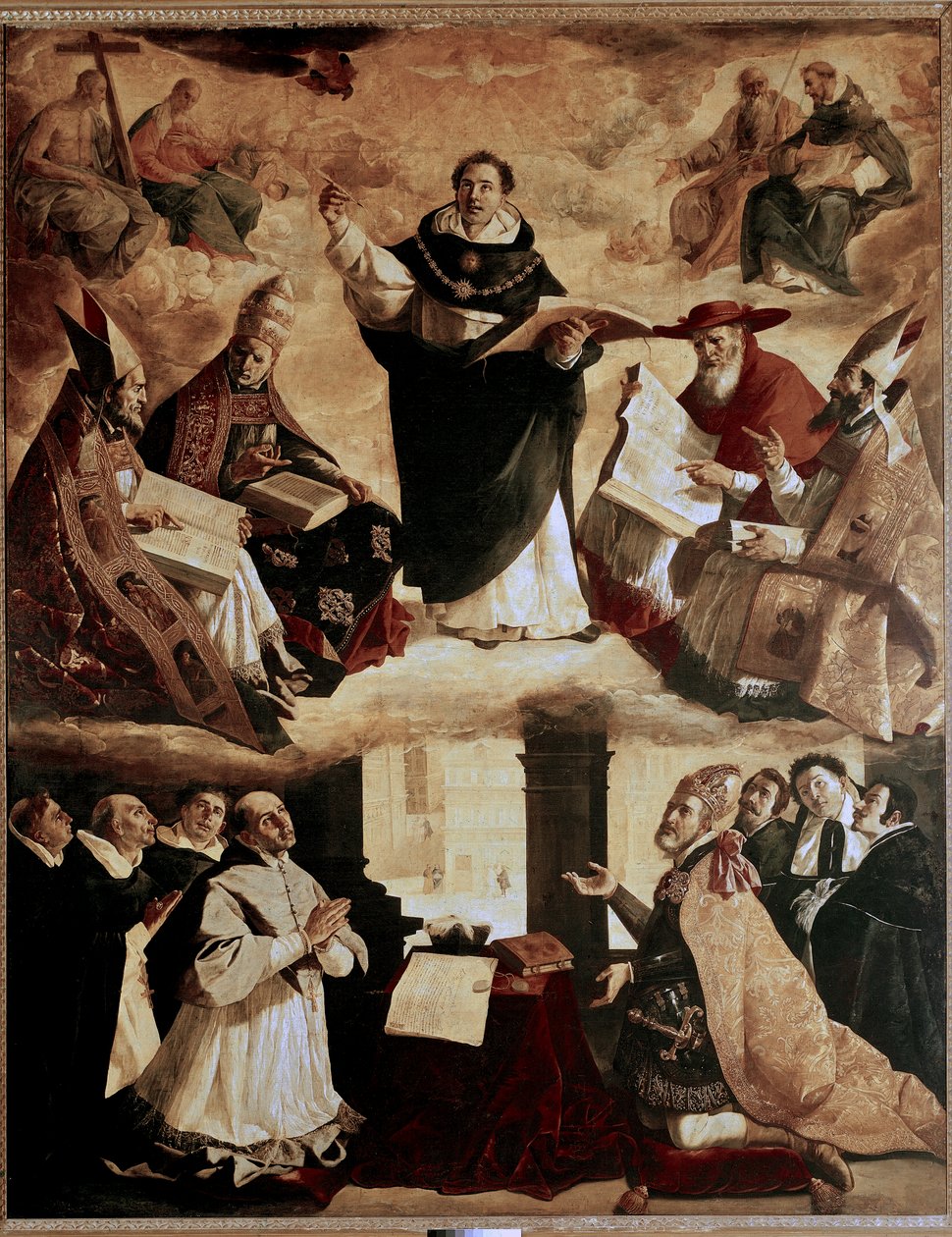 Festmények a sevillai Mayor de Santo Tomas College számára: Aquinói Szent Tamás apoteózisa vagy Aquinói Szent Tamás apoteózisa a templom orvosaival alkotó: Francisco de Zurbaran
