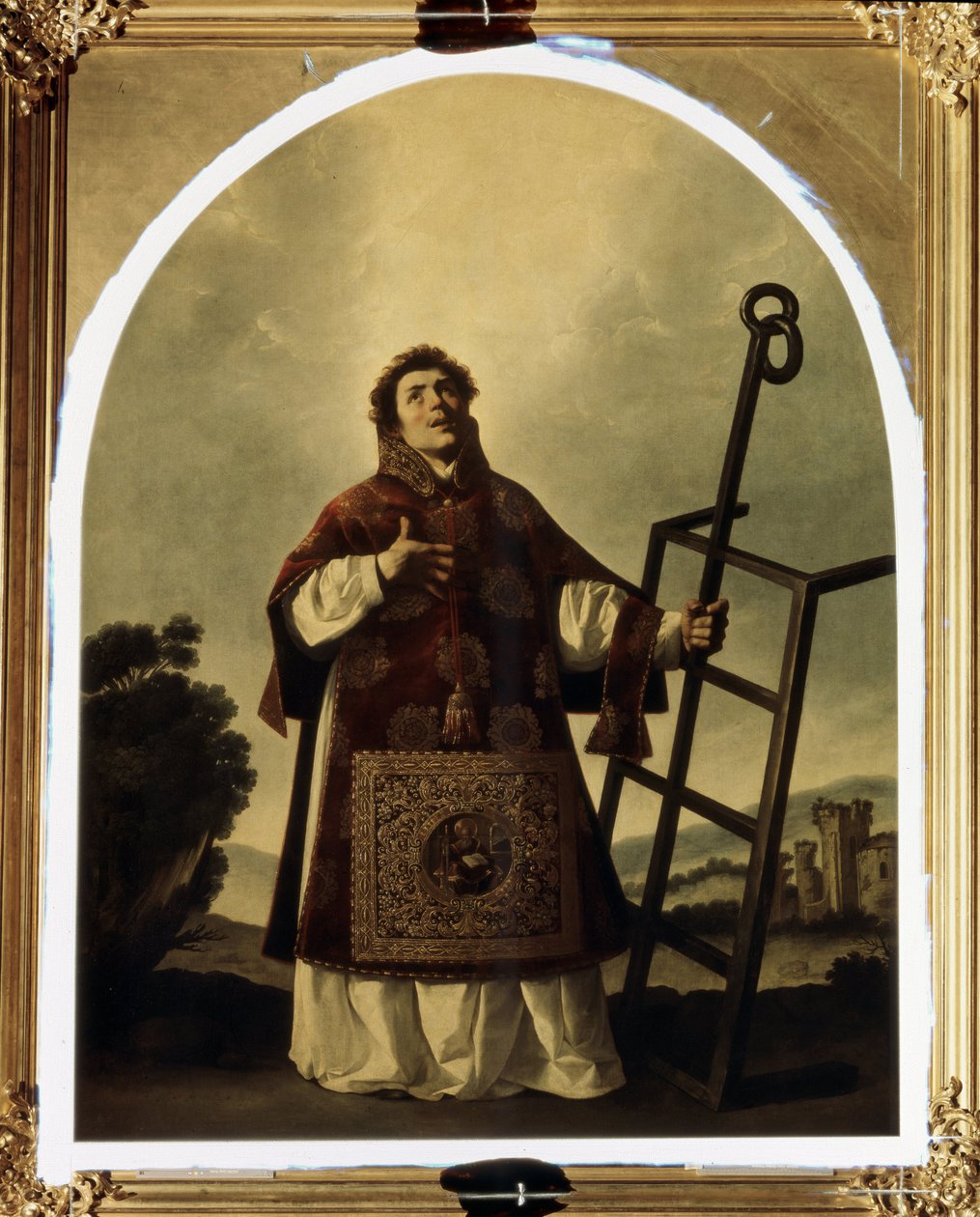 Római Szent Lőrinc (mártír halt meg egy rácson, amely az ő tulajdonságaként jelenik meg). (Szent Lőrinc). Francisco de Zurbaran (1598-1664) festménye. Olaj, vászon, 292 x 225 cm alkotó: Francisco de Zurbaran