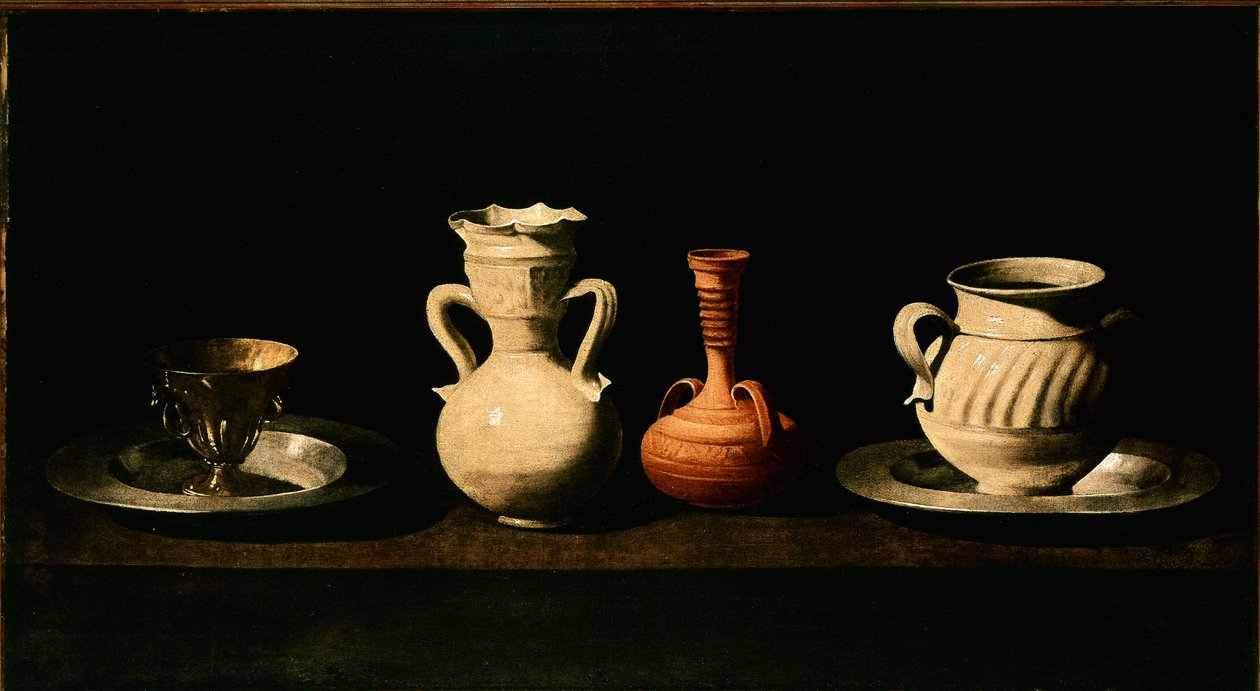 Csendélet Kancsók, fazekak. Francisco de Zurbaran (1598-1664) festménye 1633 V. 46x84 cm Madrid, Prado Múzeum alkotó: Francisco de Zurbaran