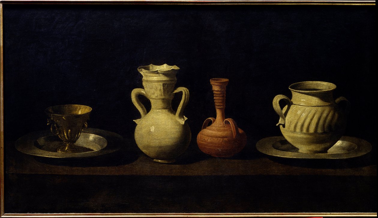 Csendélet, csészék és vázák. Francisco de Zurbaran festménye (1598-1664) alkotó: Francisco de Zurbaran