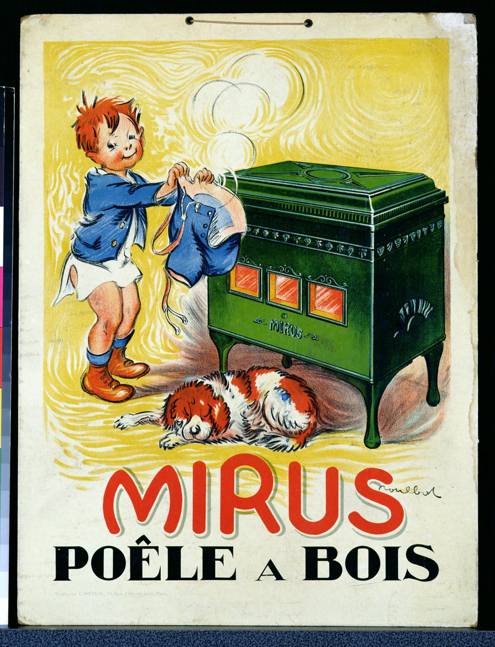 A "Mirus" fatüzelésű kályha hirdetése (színes litho) alkotó: Francisque Poulbot