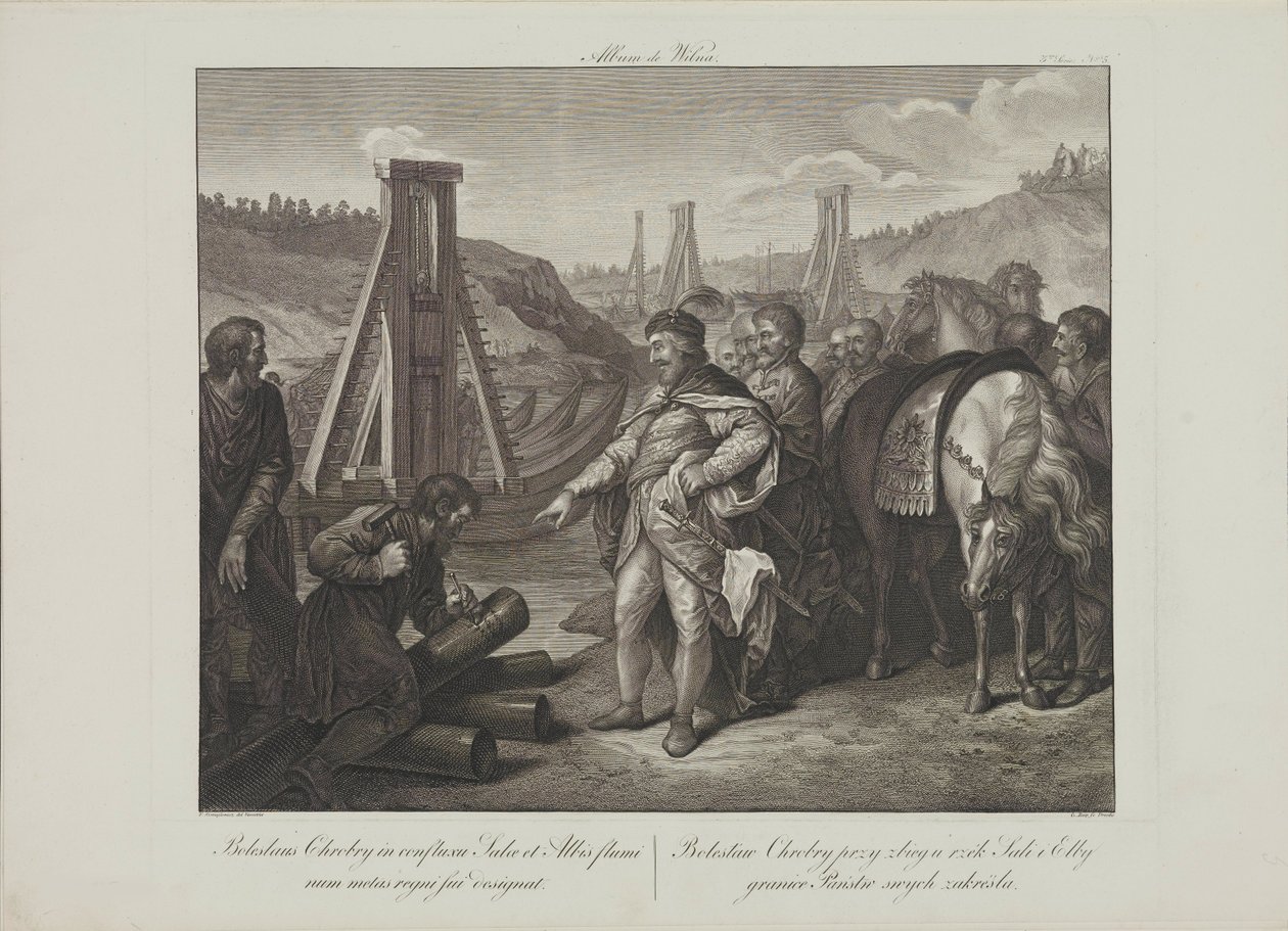 Smuglewicz, Franciszek (1745-1807) I. lengyel Boleszláv határoszlopokat ragaszt az Elba és a Saale folyókban. Litográfia, 18. század vége. Magángyűjtemény alkotó: Franciszek Smuglewicz