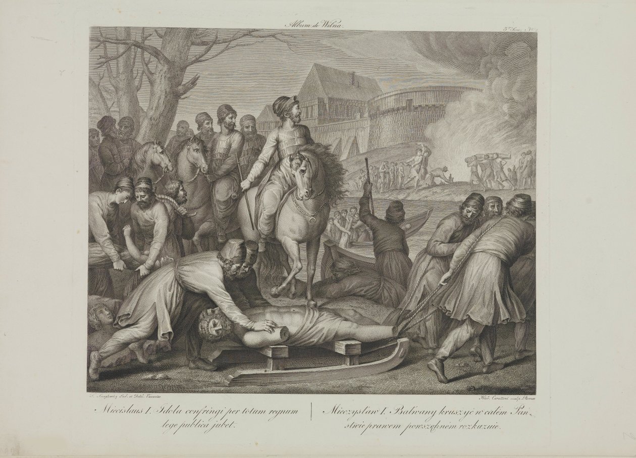 A pogány istenek pusztítása a lengyel I. Mieszko által Smuglewicz, Franciszek (1745-1807) által. Litográfia, 18. század vége. Magángyűjtemény alkotó: Franciszek Smuglewicz