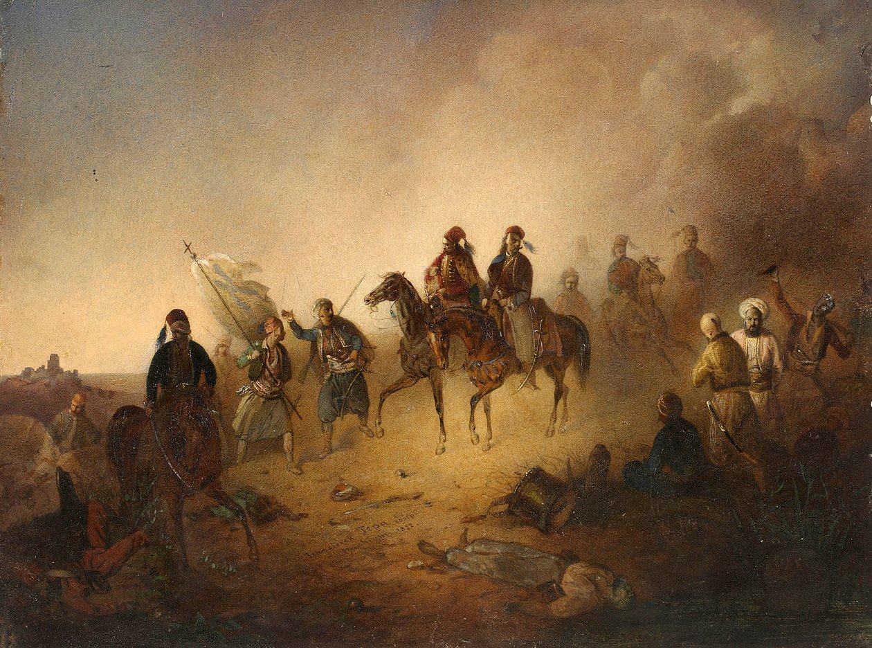 Markos Botzaris (Botsaris) (vers 1788-1823) a karpenisi csatában, augusztus 8-án éjjel alkotó: Franciszek Tomasz Tepa