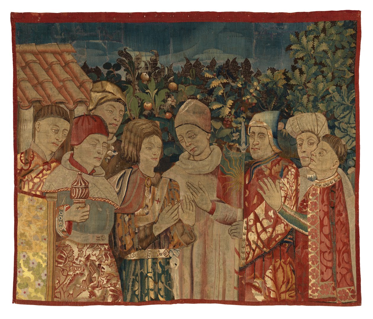 Azonosítatlan kárpittöredék nyolc figurával, Egy vita valószínűleg, 15. század 2. fele (gyapjú) alkotó: Franco Flemish School