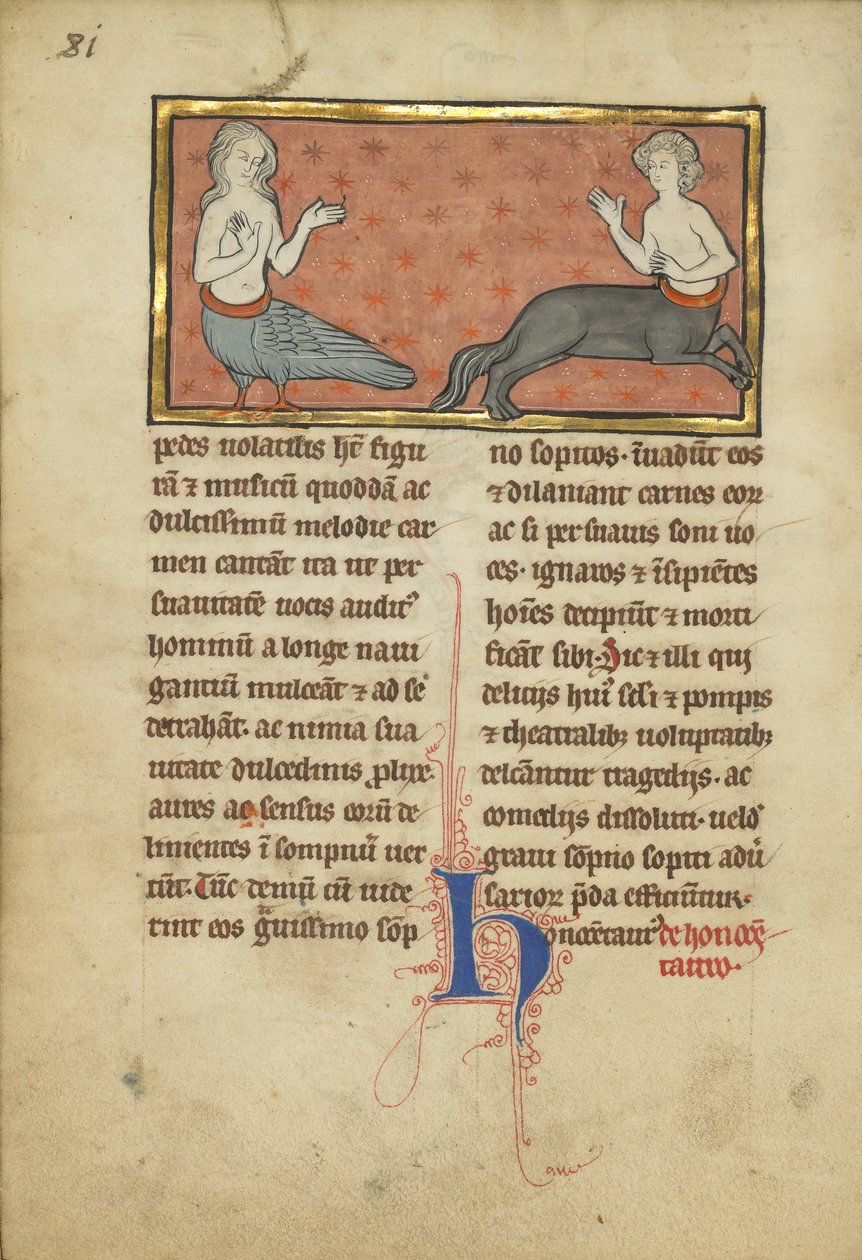 Szirén és kentaur egy bestiáriumból Ms. Ludwig XV 4, fol. 81v, 1280-1300 körül (tempera, toll és tinta, arany levél és festék pergamenre) alkotó: Franco Flemish School