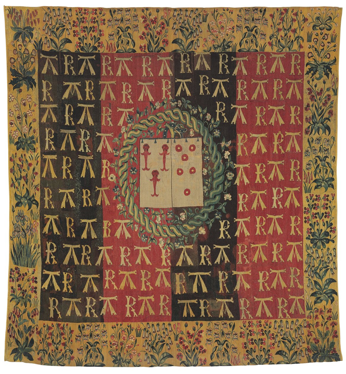 Fegyveres mille-fleurs kárpit, amely Robert Chabot és Antoinette d"Illiers karját ábrázolja, 1503 körül alkotó: Franco Flemish School