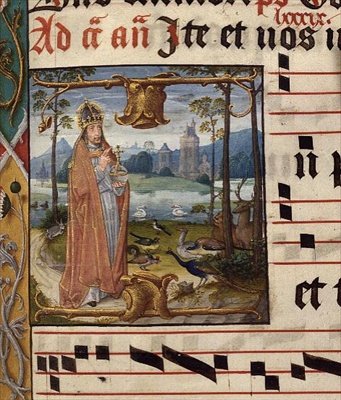 MS.41.f.84r Isten madarakkal és állatokkal körülvéve, Septuagesima antifóna (böjt előtti 3. vasárnap), 1490-1500 körül (vellum) alkotó: Franco Flemish School