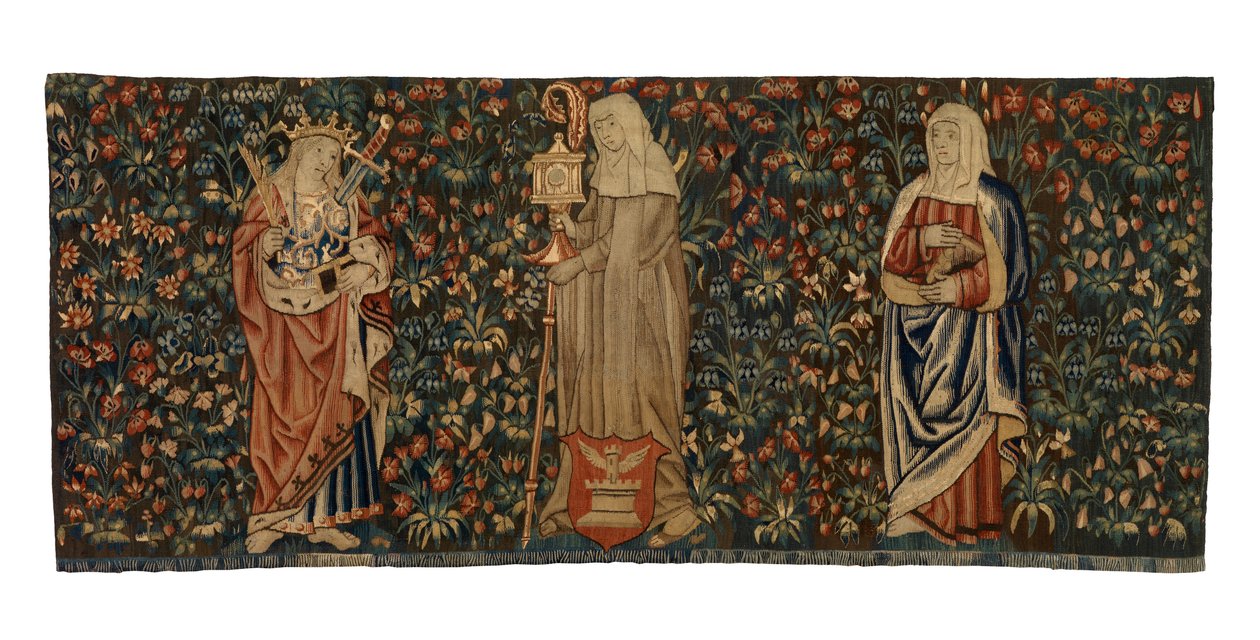 Mille fleurs gobelin, oltárfront, három szentet, Szent Annát, Szent Klárát és Szent Eufémiát ábrázoló, 1500 körül készült, francia vagy flamand (gyapjú) alkotó: Franco Flemish School