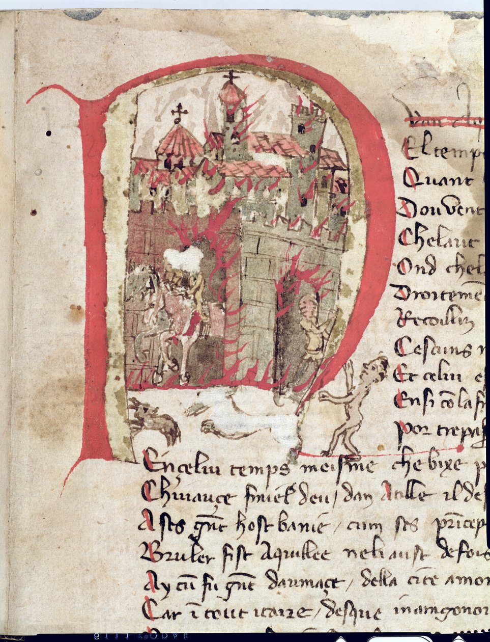Ms Est 27 W 8.17 f.1r Történelmi iniciálé, amely hun Attilát (406-453 körül) ábrázolja, amint felgyújtja Aquila városát Nicola da Casola Attila háborújából alkotó: Franco Italian School