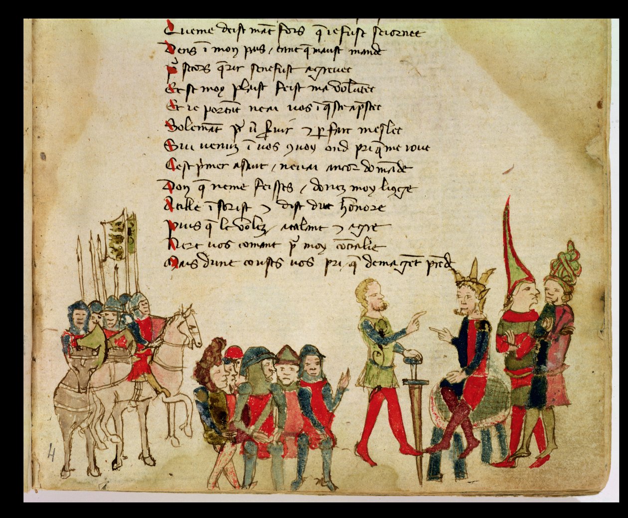 Ms Est 27 W 8.17 f.4r Attila hun (c.406-453) az egyik harcosával beszélgetve, Nicola da Casola Attila háborújából alkotó: Franco Italian School