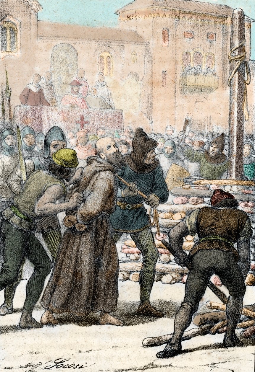 Arnaldo da Brescia (Arnaud de Brescia) (1100-1155) olasz vallási reformátor kivégzése 1155. június 18-án (Arnold (Arnaldus) bresciai olasz kanonok elégetése, 1155. június 1861 pri alkotó: Franco Mistrali