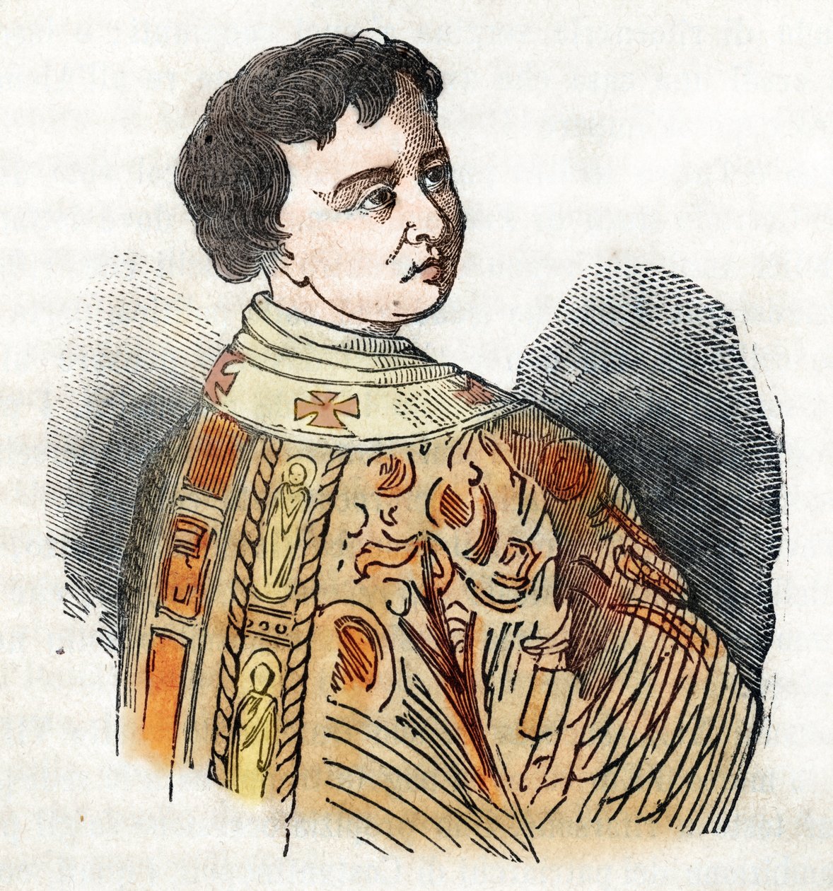 Középkor: IX. Benedek pápa (benedetto, Benedict vagy Benedictus) (1032-1044) ábrázolása. Rajz Franco Mistrali „Misteri del Vaticano”-ból alkotó: Franco Mistrali
