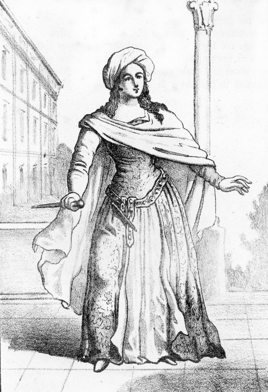 A fiatal római Beatrice Cenci (1577-1599) portréja, akit édesapja, Francesco Cenci meggyilkolásával vádolnak 1598-ban (Beatrice Cenci fiatal római nemesnő portréja, aki 1598-ban meggyilkolta apját, Francesco Cenci grófot) Metszet a „” I misteri del va-ból alkotó: Franco Mistrali