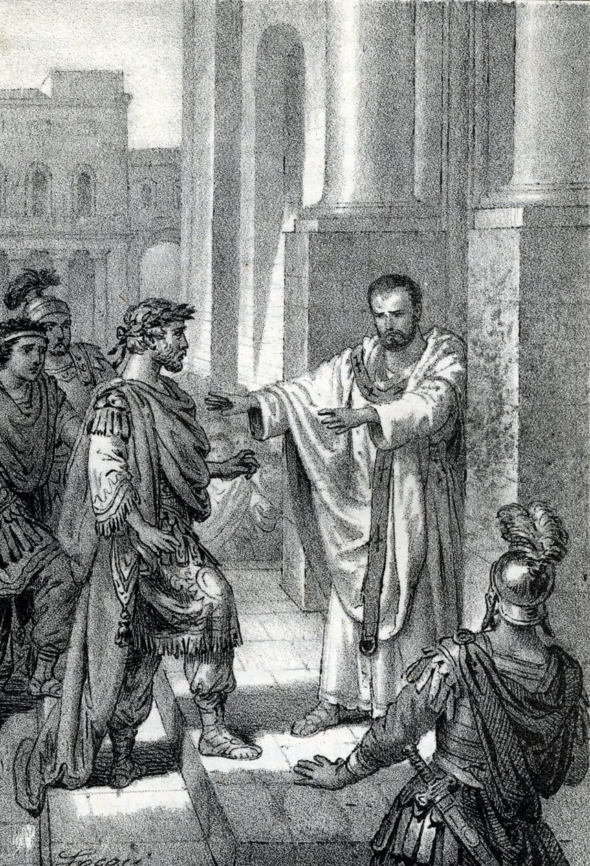 Milánói Szent Ambrosius érsek (Aurelius Ambrosius, Ambrogio di Milano (340-397) megtiltotta a templomba való belépést I. Theodosius (Flavius Theodosius) (347-395) római császárnak, hogy megbüntesse őt a 390-es thesszalonikai mészárlásért - Excommunicati alkotó: Franco Mistrali