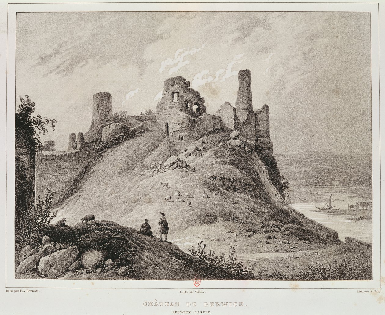 Kilátás a Berwick-kastélyra, Berwick-upon-Tweedre, gazember metszetével alkotó: Francois Alexandre Pernot