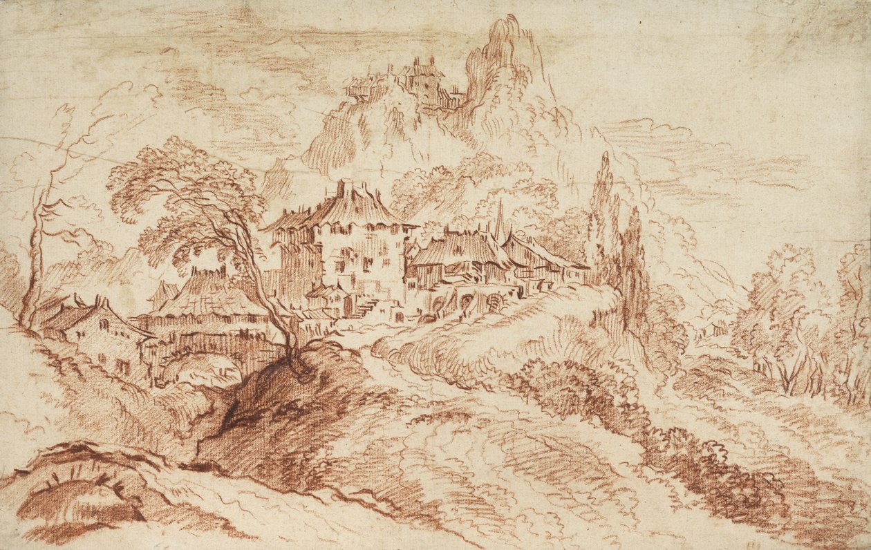Olasz falu hegyvidéki tájon (piros kréta papíron) alkotó: François Boucher