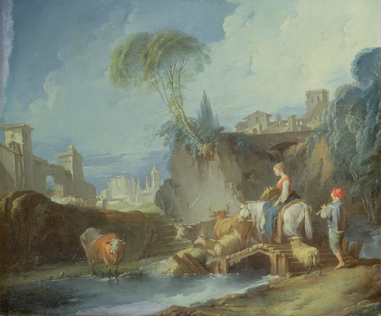 Átkelés a hídon, 1730-as évek vége (az eredeti festmény bal fele 73442-vel) alkotó: François Boucher