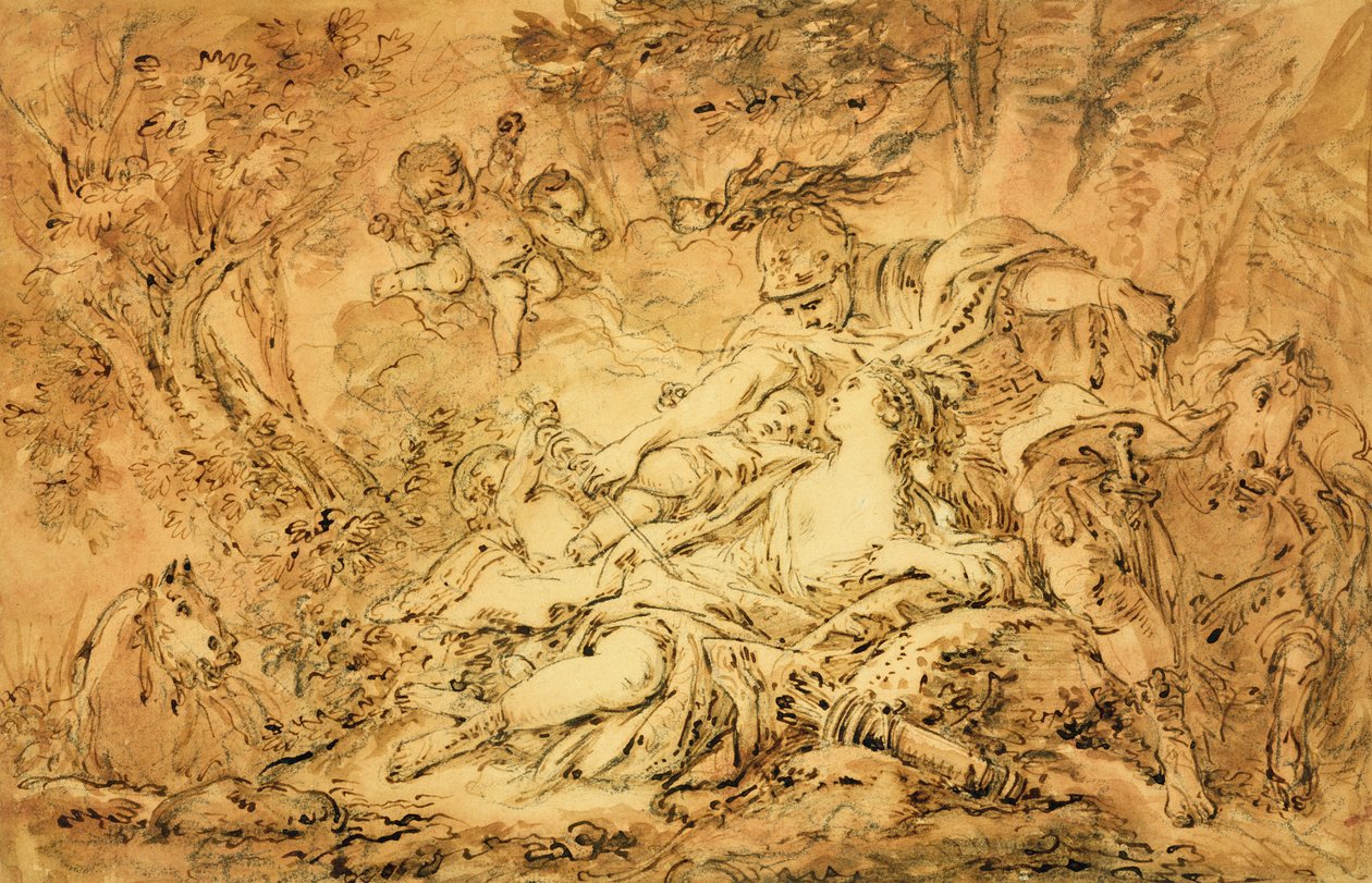 Rinaldo és Armida (toll és barna tinta, barna és rózsaszín mosás fekete krétával papíron) alkotó: François Boucher
