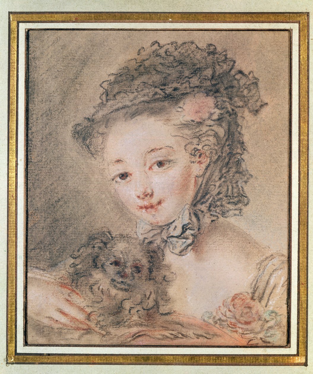 Fiatal lány egy kiskutyával (szén és vörös kréta, papír) alkotó: François Boucher