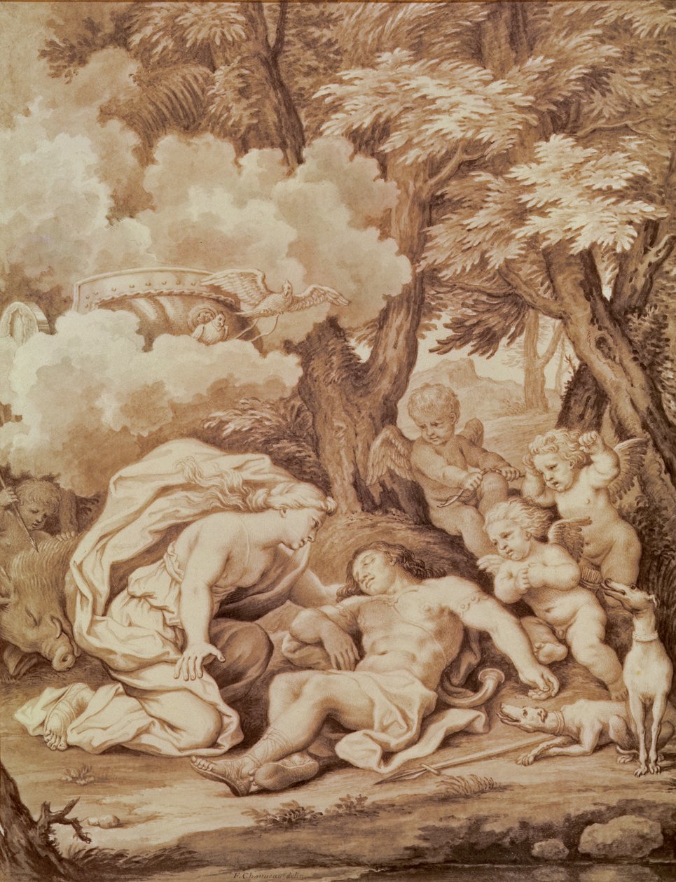 A Vénusz felfedezi Adonist, Jean de La Fontaine (1621-95) Adoniszából alkotó: Francois Chauveau