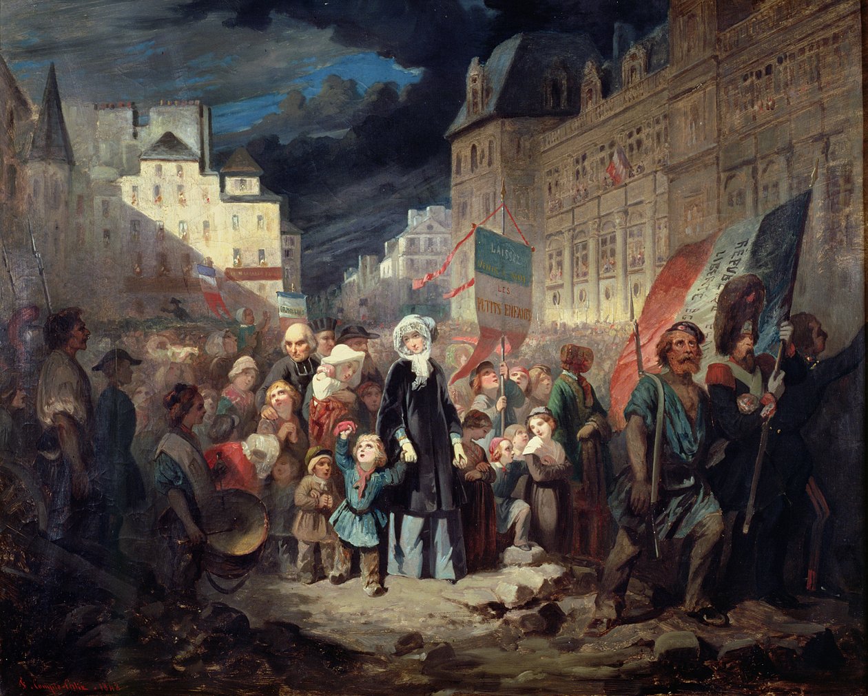 Madame Lamartine az 1848-as forradalom idején a párizsi barikádokon meggyilkolt hazafiak gyermekeinek örökbefogadása, 1848 alkotó: Francois Claudius Compte Calix