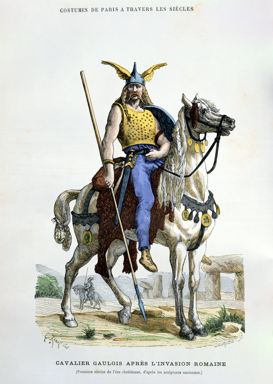 Egy gall harcos Róma megszállása után, illusztráció H. Gourdon de Genouillac „Paris viseletei a Travers les Siecles” című művéből, Chevauche metszete, 1879 alkotó: Francois Edouard Zier