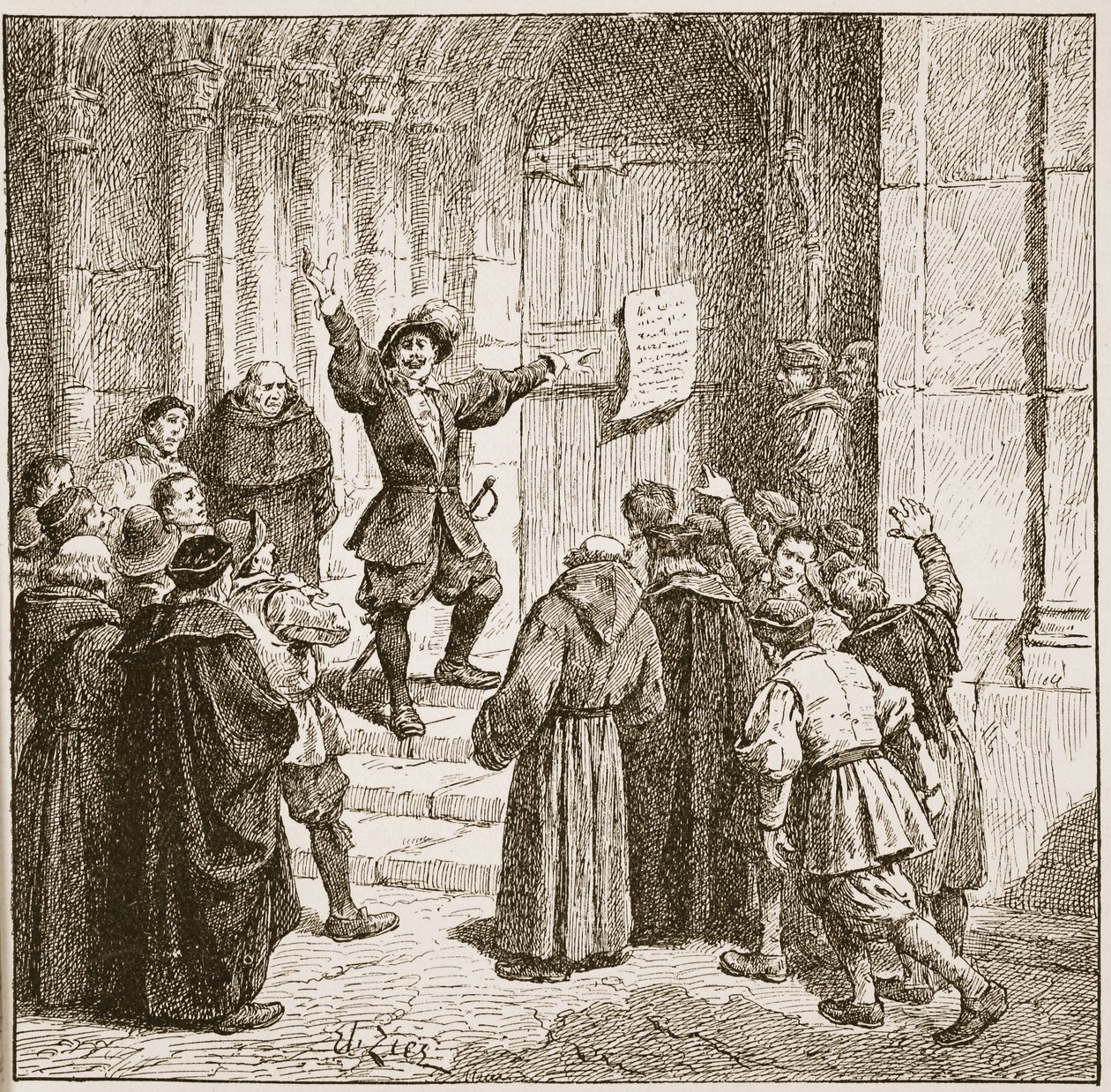 Aske, aki a kiáltványát a York-i katedrális ajtajára ragasztja, illusztrációja H.D.M. „The Church of England: A History for the People” című könyvéből. Spence-Jones, kocsma. 1910 körül (szépia fotó) alkotó: Francois Edouard Zier