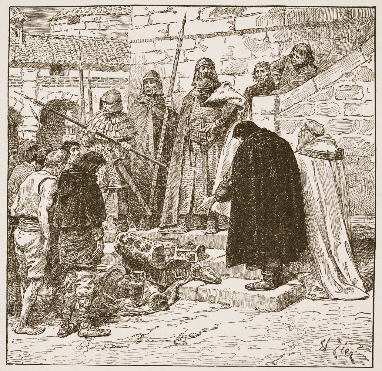 Dane-gelt gyűjtése, illusztráció a „The Church of England: A History for the People” című könyvéből, H.D.M. Spence-Jones, kocsma. 1910 körül (szépia fotó) alkotó: Francois Edouard Zier