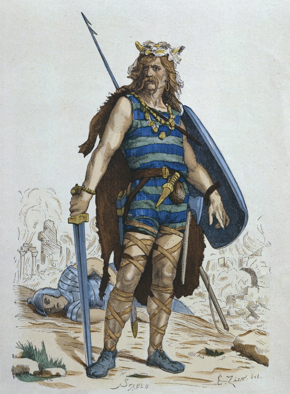 Frank harcos az 5. században, illusztráció H. Gourdon de Genouillac „Costumes de Paris a travers les siecles” című művéből, Stablo metszet (19. század) (színes metszet) alkotó: Francois Edouard Zier