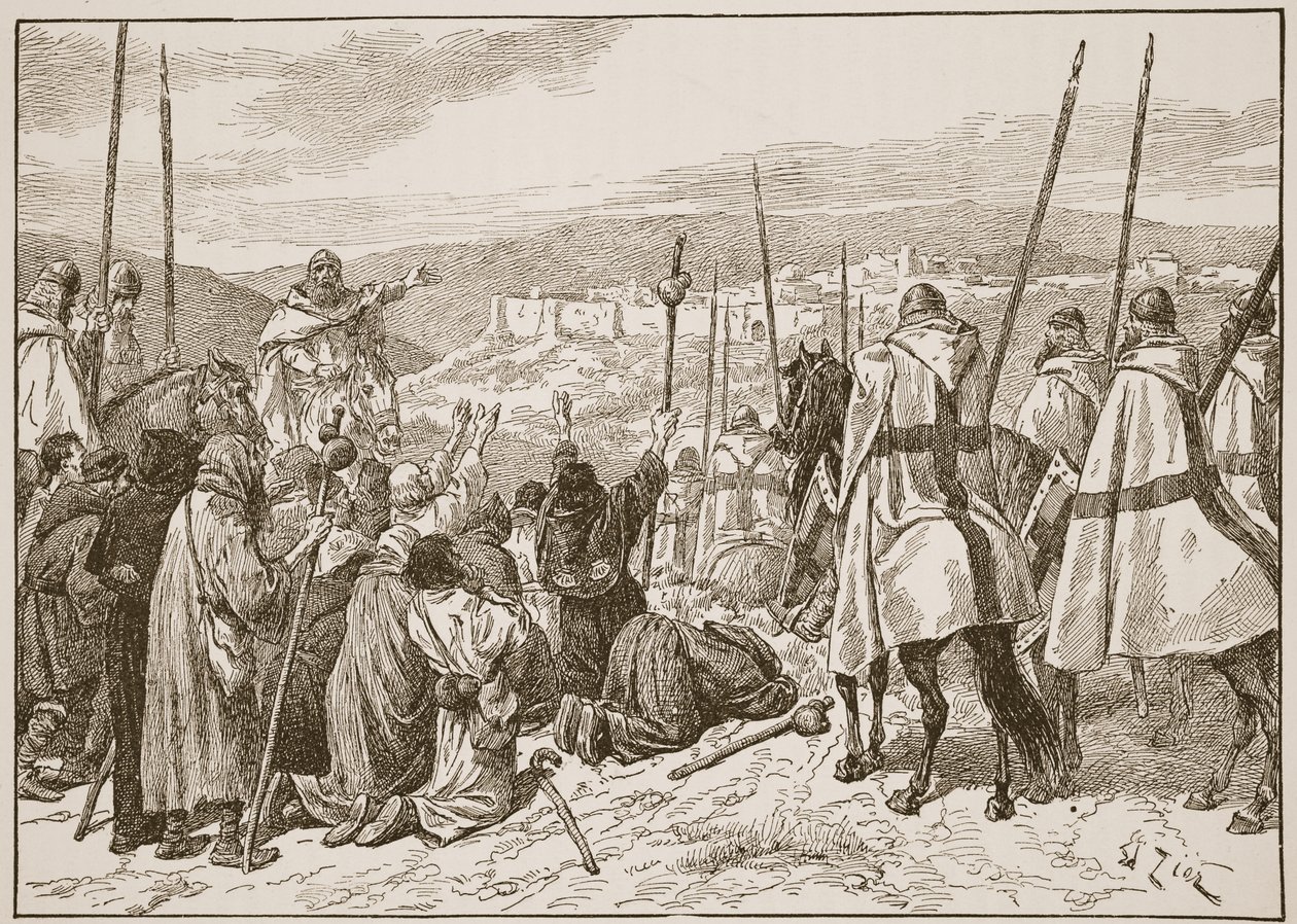 Zarándokok a templomos lovagok kíséretében, Jeruzsálemet látva, illusztráció az "Anglikán Egyház" című könyvből: A History for the People", H.D.M. Spence-Jones, kiad. 1910 körül (szepiaszínű fotó). alkotó: Francois Edouard Zier