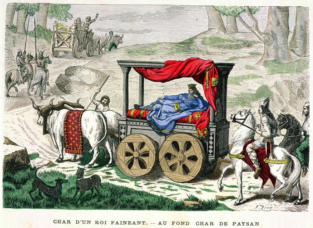 Valamelyik „Rois Faineants” vagy későbbi meroving király szekere, illusztráció H. Gourdon de Genouillac „Costumes de Paris a Travers les Siecles” című művéből, metszet: A. Renard, 1879 (színes en alkotó: Francois Edouard Zier