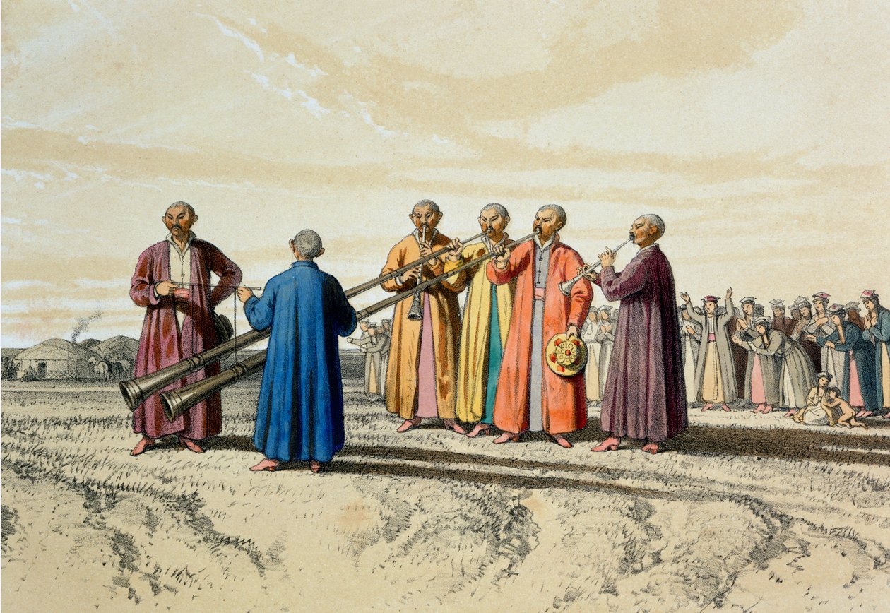 Esti ima a kalmükok között, extra hosszú trombiták használatával, illusztráció Xavier Hommaire de Hell "Les Steppes de la Mer Caspienne, le Caucase, le Crimée et la Russie Meridionale" című művéből, 1838-42 körül ( alkotó: Francois Fortune Antoine Ferogio