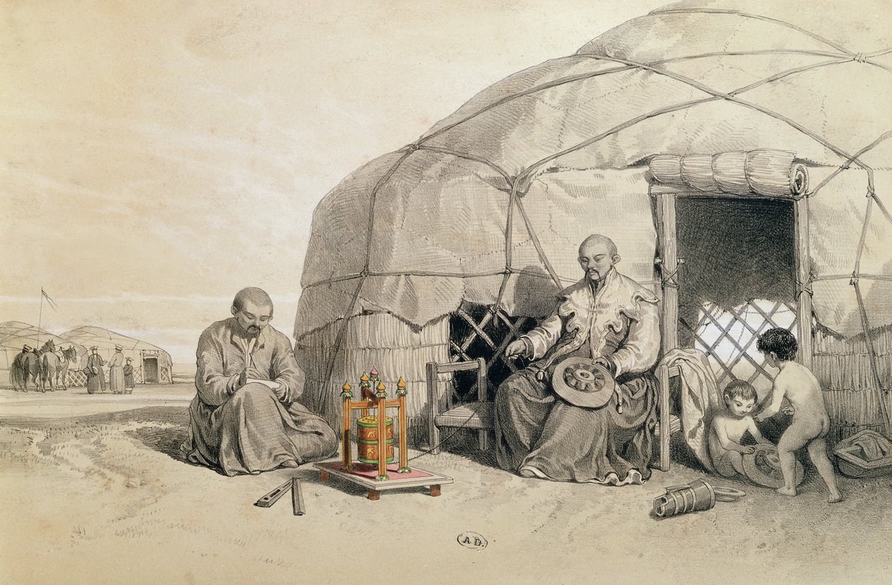Kalmukok imakerékkel, Szibéria, illusztráció a „Voyage a la mer Caspienne” című művéből, Xavier Hommaire de Hell (1812-48) 1850 körül alkotó: Francois Fortune Antoine Ferogio